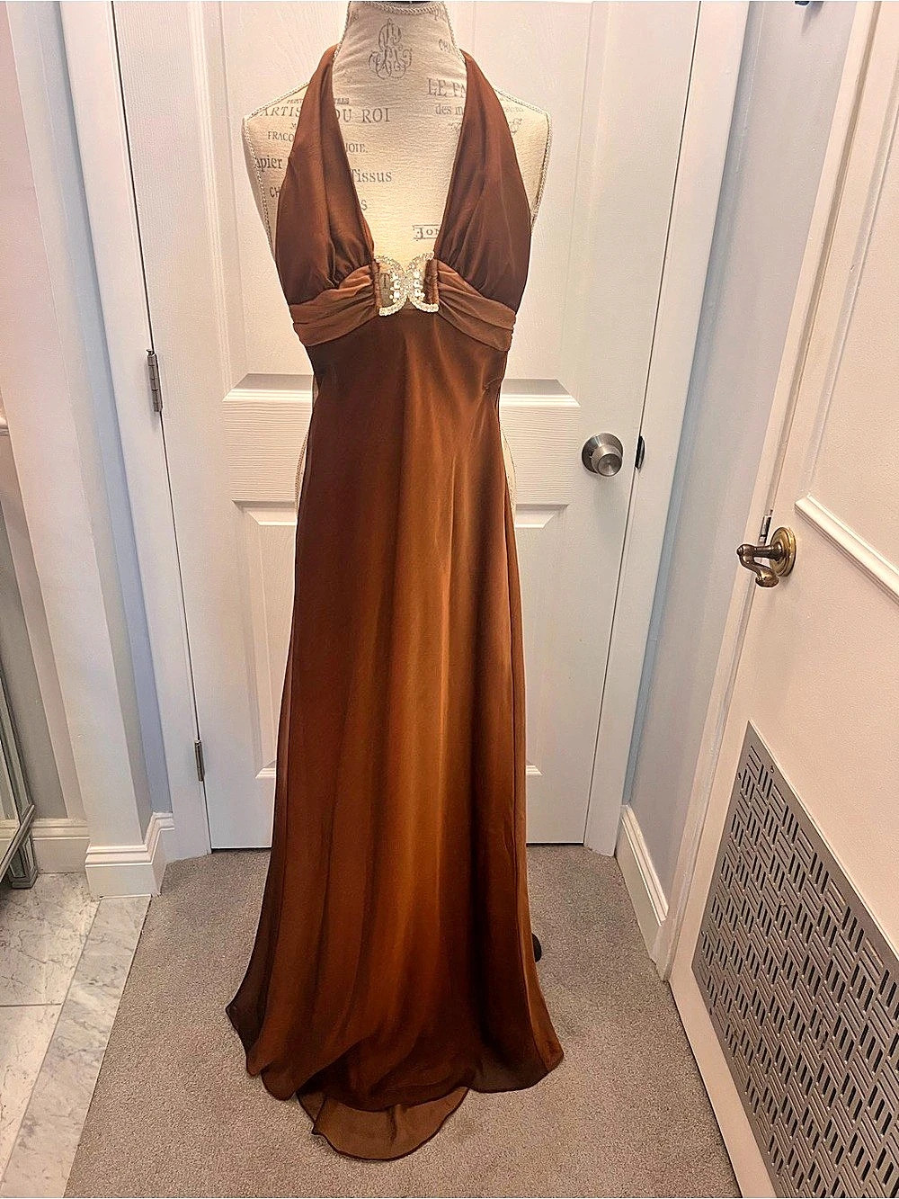 Cach’e Brown Copper Halter Gown Size 2
